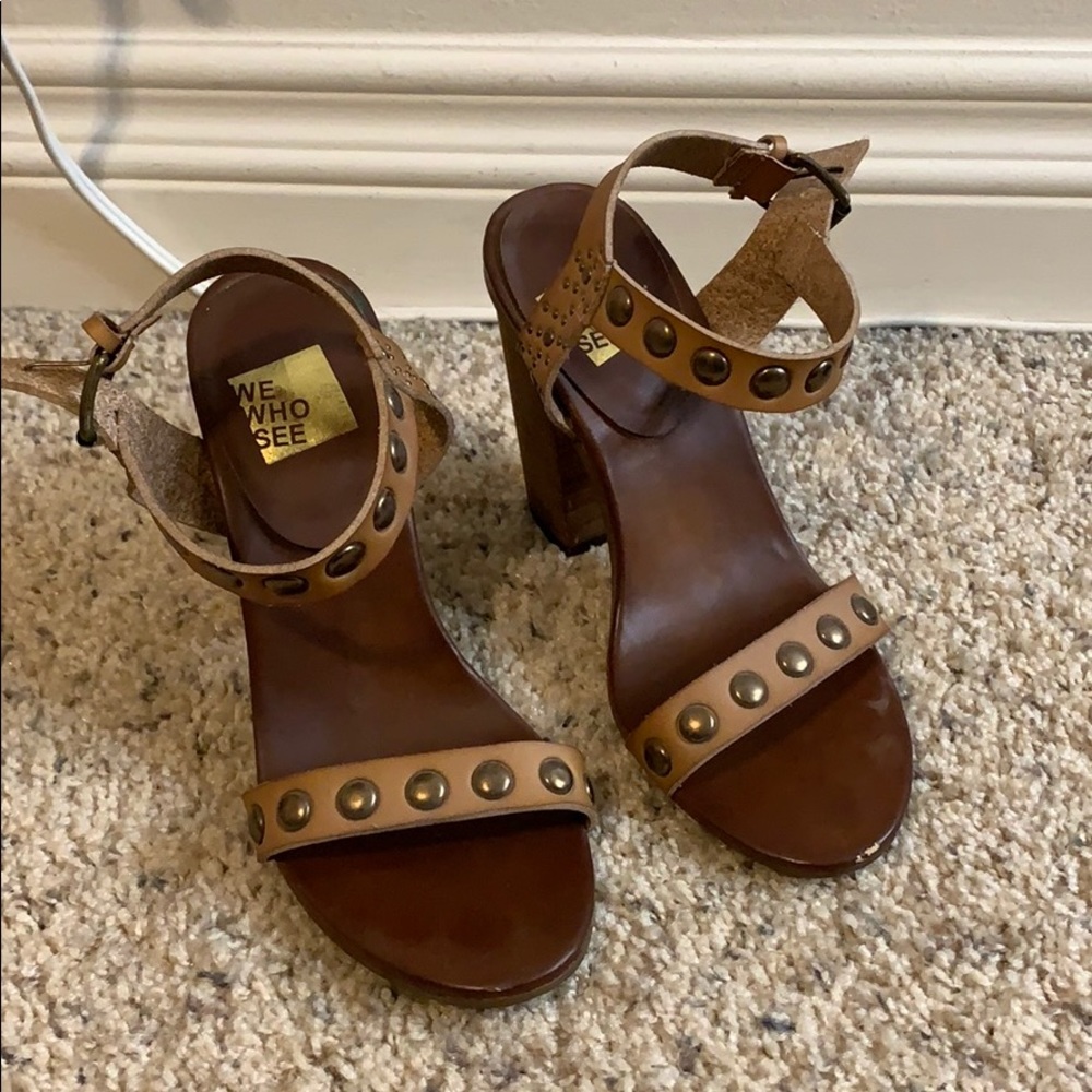 Tan Leather Studded Block Heel Sandals